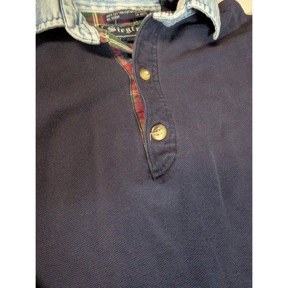 Vintage Siegfried Rugby Shirt Navy Blue Denim Collar Plaid Trim 90s Large XL - Picture 5 of 14